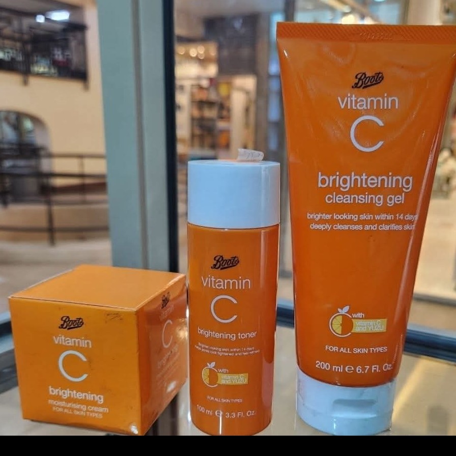 cleansing gel, brightening toner and vitamin c cream