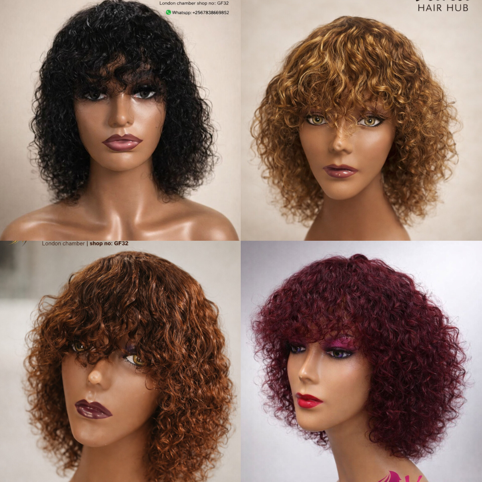human fringe wigs in different colours. NB. back colour prices are i different from the colored wigd